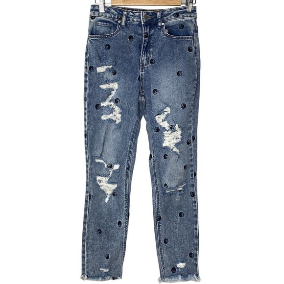 Tinselton Women’s Jeans Distressed Ying & Yang Symbol Light Wash Size 3 - Picture 1 of 9